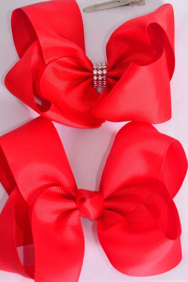 Hair Bow Jumbo Red Pattern Mix Grosgrain Bow-tie / 12 pcs Bow = Dozen  Red Mix , Alligator Clip , Size - 6" x 5" Wide , 6 Of each Pattern Asst , Clip Strip & UPC Code