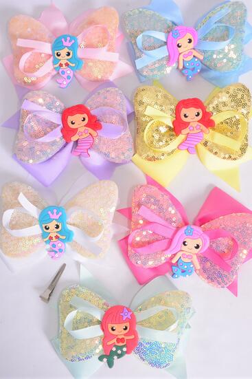 Hair Bow Jumbo Double Layered Flip Sequin Mermaid Charm Pastel Grosgrain Bow-tie / 12 pcs Bow = Dozen Alligator Clip , Size - 6" x 5", 2 White , 2 Baby Pink , 2 Lavender , 2 Hot Pink , 2 Mint Green ,1 Blue ,1 Yellow Color Asst , Clip Strip & UPC Code