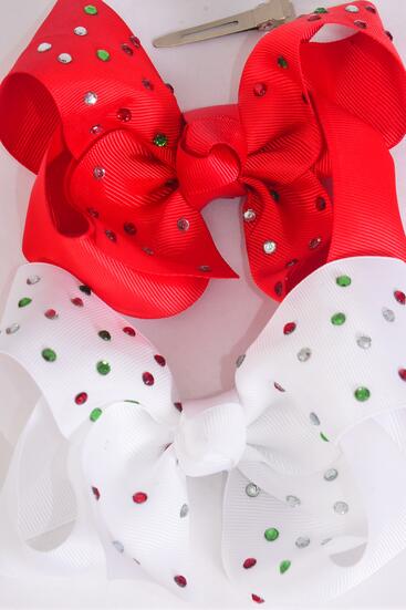 Hair Bow Jumbo Iridescent Rhinestone Studded Grosgrain Bow-tie Red White Mix / 12 pcs Bow = Dozen Alligator Clip , Size - 6" x 5" Wide , 6 Red , 6 White Color Asst , Clip Strip & UPC Code