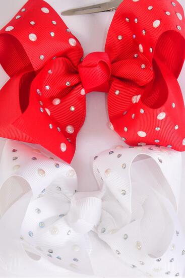 Hair Bow Jumbo Iridescent Pearl Studded Grosgrain Bow-tie Red White Color Mix / 12 pcs Bow = Dozen Alligator Clip ,  Size - 6" x 5" Wide , 6 White , 6 Red Color Asst , Clip Strip & UPC Code