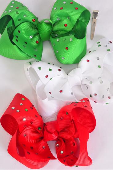 Hair Bow Jumbo Studded Multi Color Stones Grosgrain Bow-tie / 12 pcs Bow = Dozen Christmas , Alligator Clip , Size - 6" x 5" Wide , 4 Of each Pattern Asst , Hang Tag & UPC Code