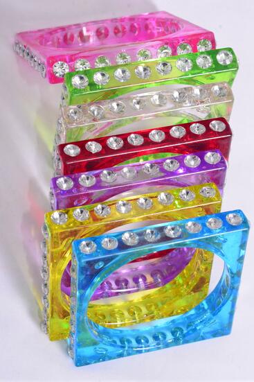 Bracelet Bangle Acrylic Square Clear Stones All Around Plus Size Transparent / 12 pcs = Dozen Transparent , Plus Size - 3" Dia , 2 Yellow , 2 Clear , 2 Lime , 2 Blue , 2 Hot Pink , 1 Lavender , 1 Red Color Asst , Hang Tag & Opp Bag & UPC Code