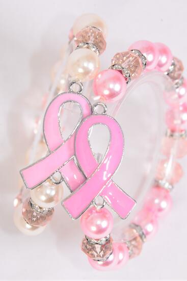 Bracelet Glass Pearl 10 mm Pink Ribbon Rhineston Bezel / 12 pcs = Dozen match 03101 Breast Cancer Awareness , Stretch , 6 baby Pink , 6 Hot Pink Color Asst , Hang Tag & OPP bag & UPC Code