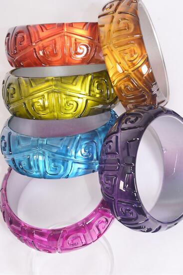 Bracelet Bangle Acrylic Cateye Carved Celtic Spiral Symbol / 12 pcs = Dozen  Multi , Size - 2.75" x 1.25 Wide , 2 of each Color Asst , Hang tag & OPP Bag & UPC Code