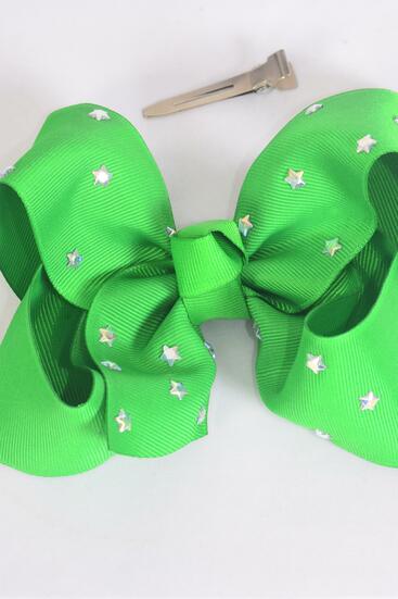Hair Bow Jumbo Studded Iridescent Stars Grosgrain Bow-tie Green / 12 pcs Bow = Dozen Classic Green , Alligator Clip , Size - 6" x 5" Wide , Clip Strip & UPC Code