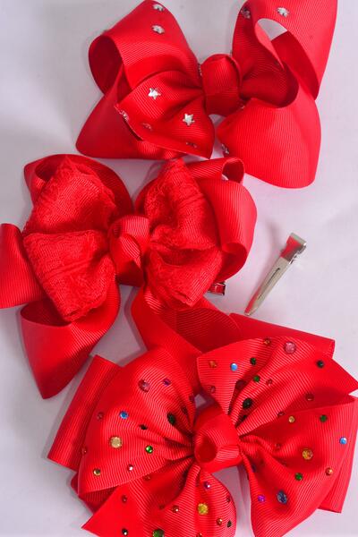 Hair Bow Jumbo Red Christmas Grosgrain Bow-tie / 12 pcs Bow = Dozen  Red , Bow Size - 6" x 5" , Alligator Clip , 4 of each Pattern Asst , Clip Strip & UPC Code
