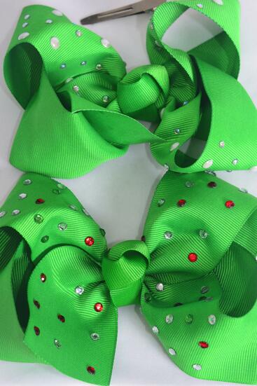 Hair Bow Jumbo Iridescent Rhinestone and Pearl Studded Mix Green Grosgrain Bow-tie  / 12 pcs Bow = Dozen Green, Alligator Clip , Size - 6" x 5" Wide , 6 of each Pattern Asst , Clip Strip & UPC Code