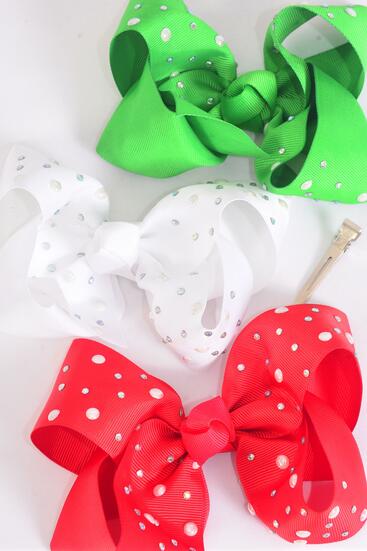 Hair Bow Jumbo Iridescent Pearl Studded Grosgrain Bow-tie Red White Green Color Mix / 12 pcs Bow = Dozen  Alligator Clip , Size - 6" x 5" Wide , 4 Red , 4 White , 4 Green Color Asst , Clip Strip & UPC Code