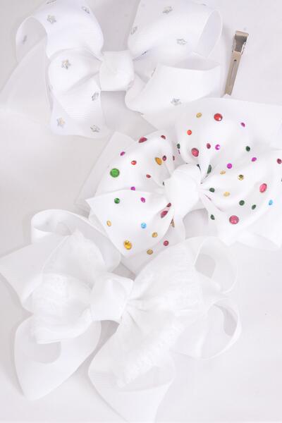 Hair Bow Jumbo XMAS White Christmas Grosgrain Bow-tie / 12 pcs Bow = Dozen White , Bow Size - 6" x 5" , Alligator Clip , 4 of each Pattern Asst , Clip Strip & UPC Code