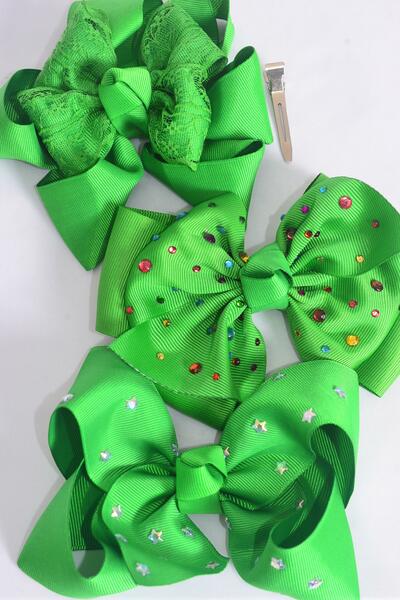 Hair Bow Jumbo Green Christmas Grosgrain Bow-tie / 12 pcs Bow = Dozen  Green Mix , Bow Size - 6" x 5", Alligator Clip , 4 of each Pattern Asst , Clip Strip & UPC Code