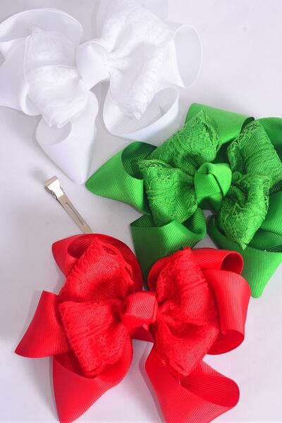 Hair Bow Jumbo Lace Double Layered Grosgrain Bow-tie / 12 pcs Bow = Dozen Christmas , Alligator Clip , Bow Size - 6" x 5", 4 of each Pattern Asst , Clip Strip & UPC Code