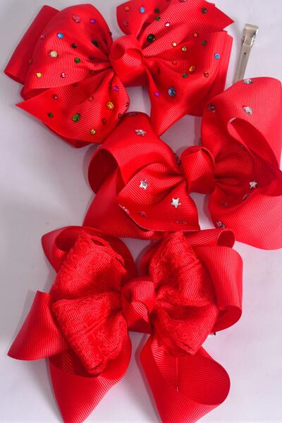 Hair Bow Jumbo Red Christmas Grosgrain Bow-tie / 12 pcs Bow = Dozen  Red , Bow Size - 6" x 5" , Alligator Clip , 4 of each Pattern Asst , Clip Strip & UPC Code