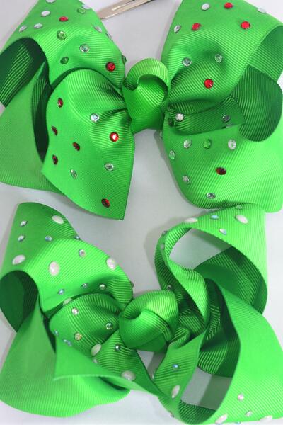 Hair Bow Jumbo Iridescent Rhinestone and Pearl Studded Mix Grosgrain Bow-tie Green / 12 pcs Bow = Dozen Green , Alligator Clip , Size - 6" x 5" Wide , 6 of each Pattern Asst , Clip Strip & UPC Code