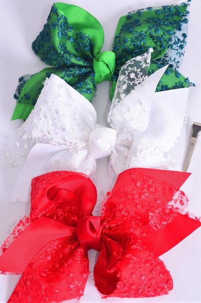 Hair Bow Jumbo Double Layered Embroidery Lace Grosgrain Bow-tie / 12 pcs Bow = Dozen Lace , Alligator Clip , Bow - 6" x 5" Wide , 4 of each Pattern Mix , Clip Strip & UPC Code
