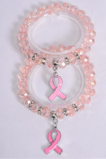 Bracelet Enamel Pink Ribbon 10 mm Iridescent Glass Crystal / 12 pcs = Dozen Stretch , 6 of each Pattern Asst , Hang Tag & Opp Bag & UPC Code
