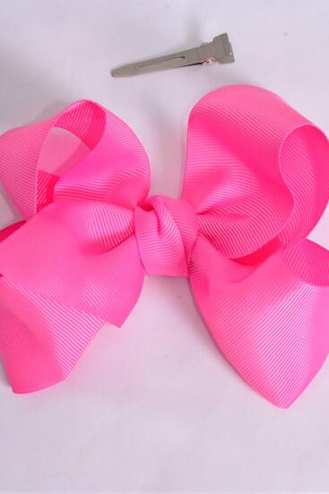 Hair Bow Jumbo Hot Pink Grosgrain Bow-tie / 12 pcs Bow = Dozen  Hot Pink , Alligator Clip , Size - 6" x 5" Wide , Clip Strip & UPC Code