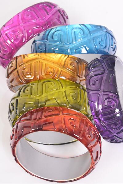 Bracelet Bangle Acrylic Cateye Carved Celtic Spiral Symbol / 12 pcs = Dozen  Multi , Size - 2.75" x 1.25 Wide , 2 of each Color Asst , Hang tag & OPP Bag & UPC Code