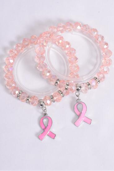 Bracelet Enamel Charm Pink Ribbon 10 mm Iridescent Glass Crystal / 12 pcs = Dozen Stretch , 6 of each Pattern Asst , Hang Tag & Opp Bag & UPC Code
