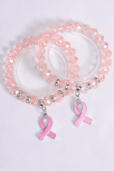 Bracelet Enamel Charm Pink Ribbon 10 mm Iridescent Glass Crystal / 12 pcs = Dozen Stretch , 6 of each Pattern Asst , Hang Tag & Opp Bag & UPC Code