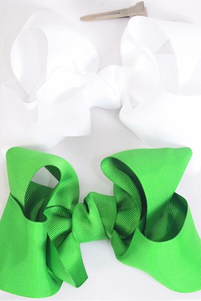 Hair Bow Jumbo Kelly or Irish Green White Mix Grosgrain Bow-tie / 12 pcs Bow = Dozen Alligator Clip , Size - 6" x 5" Wide , 6 Kelly Green , 6 white Color Asst , Clip Strip & UPC Code