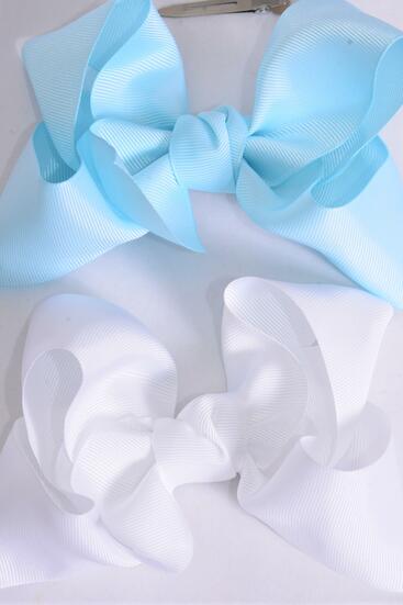 Hair Bow Jumbo Sky Blue White Mix Grosgrain Bow-tie / 12 pcs Bow = Dozen Alligator Clip , Size - 6" x 5" Wide , 6  Sky Blue , 6 White Color Asst , Clip Strip & UPC Code