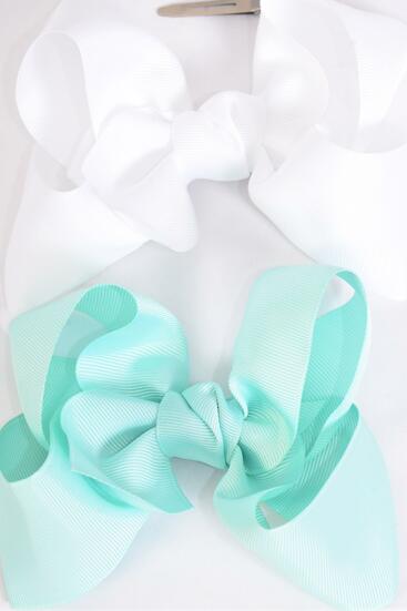 Hair Bow Jumbo Mint Green White Mix Grosgrain Bow-tie / 12 pcs Bow = Dozen  Alligator Clip , Size - 6" x 5" Wide , 6 Mint Green , 6 White Color Asst , Clip Strip & UPC Code