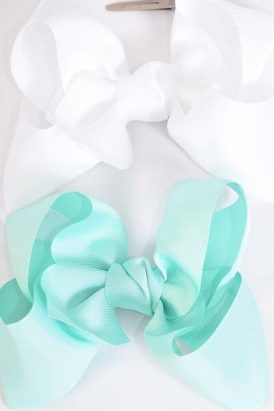 Hair Bow Jumbo Mint Green White Mix Grosgrain Bow-tie / 12 pcs Bow = Dozen  Alligator Clip , Size - 6" x 5" Wide , 6 Mint Green , 6 White Color Asst , Clip Strip & UPC Code