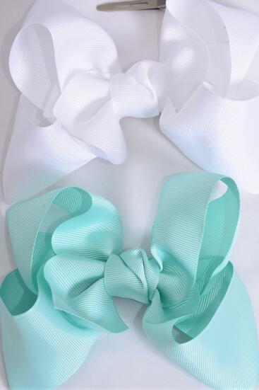 Hair Bow Jumbo Aqua White Color Mix Grosgrain Bow-tie / 12 pcs Bow = Dozen Alligator Clip , Size - 6" x 5" Wide , 6 Aqua , 6 White Color Asst , Clip Strip & UPC Code