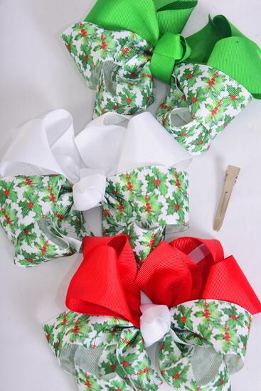 Hair Bow Jumbo Christmas Holly Berries Grosgrain Bowtie Red White Green Mix / 12 pcs Bow = Dozen Christmas , Alligator Clip , Size - 6" x 5" Wide ,4 of each Pattern Asst , Clip Strip & UPC Code
