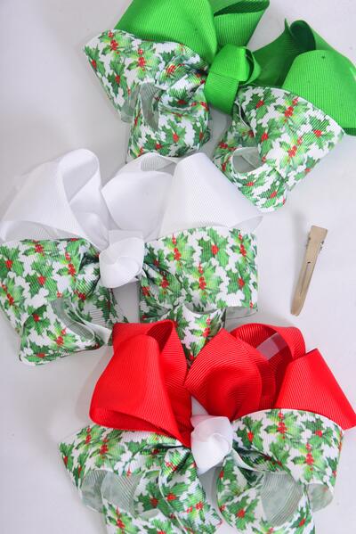 Hair Bow Jumbo Christmas Holly Berries Grosgrain Bowtie Red White Green Mix / 12 pcs Bow = Dozen Christmas , Alligator Clip , Size - 6" x 5" Wide ,4 of each Pattern Asst , Clip Strip & UPC Code