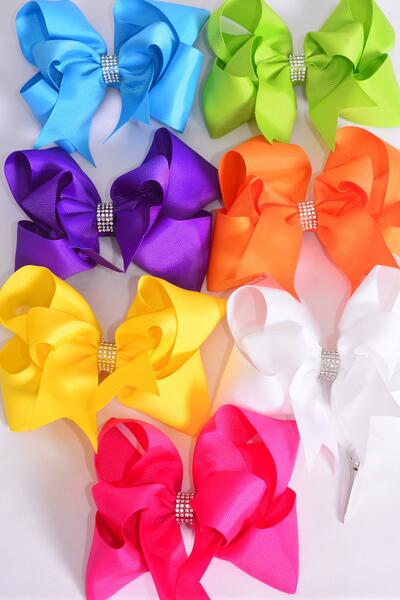Hair Bow Jumbo Double Layered Center Clear Stones Grosgrain Bow-tie Citrus / 12 pcs Bow = Dozen Alligator Clip , Size - 6" x 5" Wide , 2 White , 2 Fuchsia , 2 Turquoise , 2 Purple , 2 Yellow , 1 Orange , 1 Lime Color Asst , Clip Strip & UPC Code