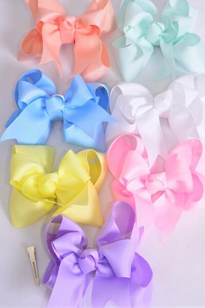 Hair Bow Jumbo Double Layered Pastel Grosgrain Bow-tie Pastel / 12 pcs Bow = Dozen Alligator Clip , Size - 6" x 5" Wide , 2 White , 2 Yellow , 2 Blue , 2 Pink , 2 Lavender , 1 Hot Pink , 1 Mint Green Asst , Clip Strip and UPC Code