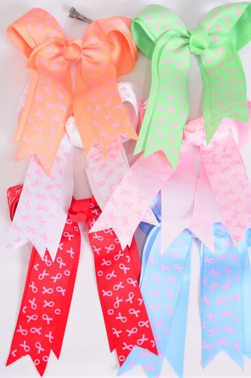 Hair Bow Long Tail Double Layered Pink Ribbon Grosgrain Bow-tie / 12 pcs Bow = Dozen Alligator Clip , Size - 6.5" x 6" Wide , 2 of each Color Asst , Clip Strip & UPC Code