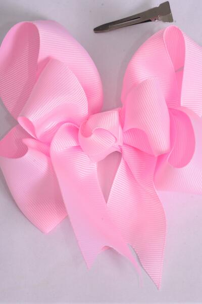 Hair Bow Jumbo Double Layered Baby Pink Grosgrain Bow-tie / 12 pcs Bow = Dozen Baby Pink , Alligator Clip , Size - 6" x 5" Wide , Clip Strip & UPC Code
