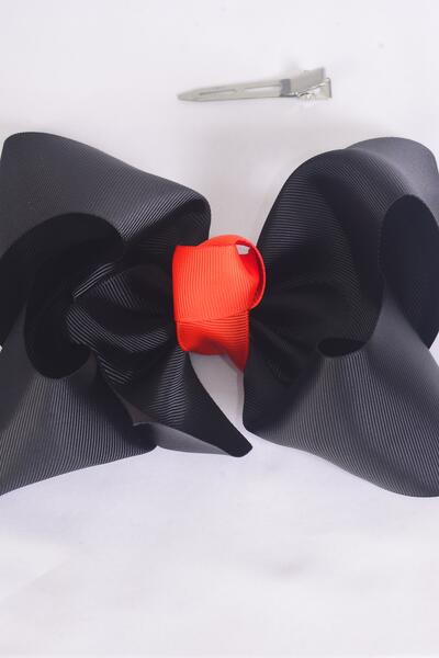Hair Bow Extra Jumbo Cheer Type Bow Black w Orange Knot Grosgrain Bow-tie / 12 pcs Bow = Dozen Black , Alligator Clip , Size - 8"x 7" Wide ,  Clip Strip & UPC Code