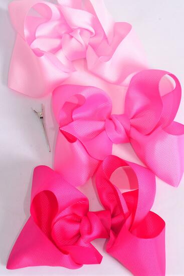 Hair Bow Jumbo Pink Mix Grosgrain Bow-tie / 12 pcs Bow = Dozen  Pink Mix , Alligator Clip , Size - 6" x 5" Wide , 4 baby Pink , 4 Hot Pink , 4 Fuchsia Color Asst , Clip Strip & UPC Code