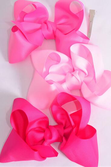 Hair Bow Jumbo Pink Mix Grosgrain Bow-tie / 12 pcs Bow = Dozen  Pink Mix , Alligator Clip , Size - 6" x 5" Wide , 4 baby Pink , 4 Hot Pink , 4 Fuchsia Color Asst , Clip Strip & UPC Code