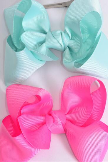 Hair Bow Jumbo Hot Pink Aqua Mix Grosgrain Bow-tie / 12 pcs Bow = Dozen Alligator Clip , Size - 6" x 5" Wide , 6 Hot Pink , 6 Aqua Color Asst , Clip Strip & UPC Code
