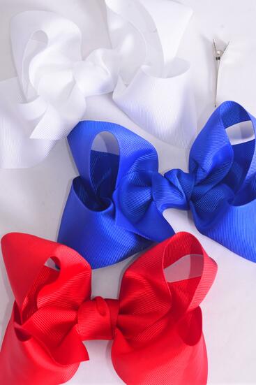 Hair Bow Jumbo Red White Royal Blue Mix Grosgrain Bow-tie / 12 pcs Bow = Dozen Alligator Clip , Size - 6" x 5" Wide , 4 of each Pattern Asst , Clip Strip & UPC Code