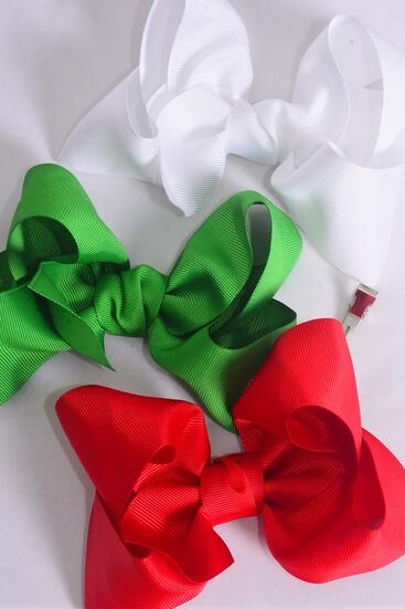 Hair Bow Jumbo Red White Green Color Mix Grosgrain Bow-tie / 12 pcs Bow = Dozen Alligator Clip , Size - 6" x 5" Wide , 4 of each Color Asst , Hang Tag & UPC Code