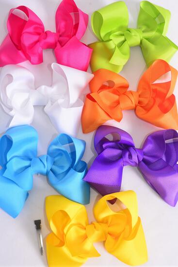 Hair Bow Jumbo Citrus Grosgrain Bow-tie / 12 pcs Bow = Dozen Alligator Clip , Size - 6" x 5" Wide , 2 Fuchsia , 2 Blue , 2 Yellow , 2 Purple , 2 White , 1 Lime , 1 Orange Color Mix , Clip Strip & UPC Code