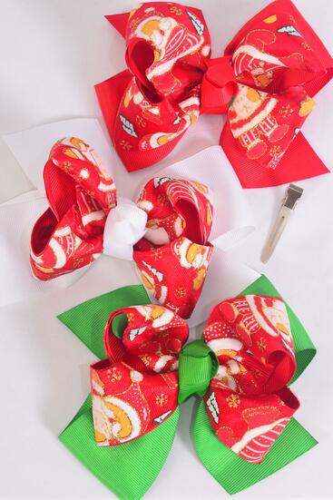 Hair Bow Jumbo Double Layered Glitter Santa Grosgrain Bow-tie / 12 pcs Bow = Dozen  Santa , Alligator Clip , Size - 6" x 5" Wide , 4 of each Pattern Asst , Clip Strip & UPC Code