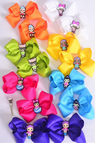 Hair Bow 24 pcs Cute LOL Doll Charm Multi Grosgrain Bow-tie / 24 pcs Bow = Dozen Alligator Clip , Size - 3" x 3" Wide , 2 Fuchsia , 2 Blue , 2 Yellow , 2 Purple , 2 White , 1 Lime , 1 Orange Color Mix , Clip Strip & UPC Code