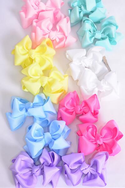 Hair Bows 24 pcs Double Layered Bowtie Pastel Grosgrain Bow-tie / 24 pcs Bow = Dozen  Alligator Clip , Size - 3" x 2" Wide , 2 White, 2 Pink, 2 Yellow, 2 Lavender, 2 Blue, 1 Hot Pink, 1 Mint Green Color Mix,Clip Strip & UPC Code