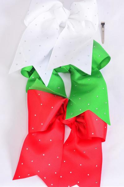 Hair Bow Extra Jumbo Long Tail Cheer Type Bow XMAS Clear Stone Studded Grosgrain Bow-tie Red White Green Mix / 12 pcs Bow = Dozen  Christmas , Alligator Clip , Size - 6.5" x 6" Wide , 4 Of each Pattern Asst , Clip Strip & UPC Code
