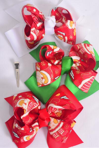 Hair Bow Jumbo Double Layered Glitter Santa Grosgrain Bow-tie / 12 pcs Bow = Dozen  Santa , Alligator Clip , Size - 6" x 5" Wide , 4 of each Pattern Asst , Clip Strip & UPC Code