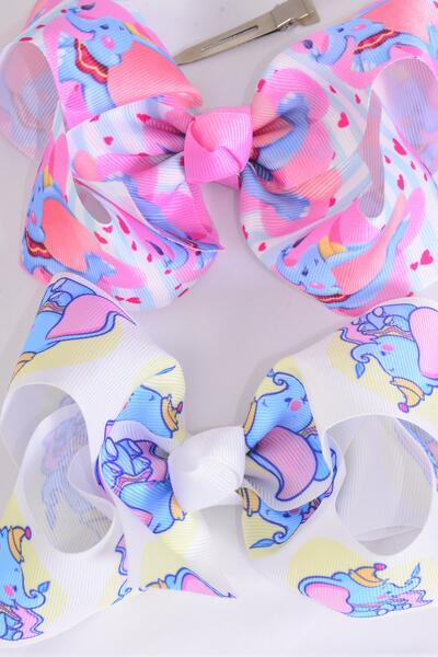 Hair Bow Jumbo Cute Baby Elephant Grosgrain Bow-tie / 12 pcs Bow = Dozen Alligator Clip , Size - 6" x 5" Wide , 6 of each Pattern Asst , Clip Strip & UPC Code