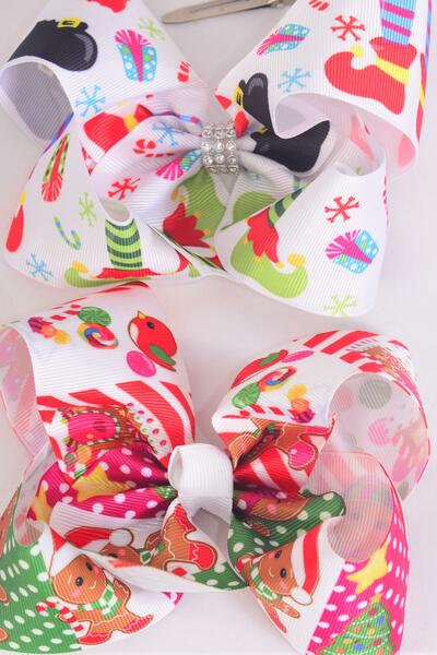 Hair Bow Jumbo Santa Gingerbread Man Elf Mix Grosgrain Bow-tie / 12 pcs Bow = Dozen  Christmas , Alligator Clip , Size - 6" x 5" Wide , 6 Of Each Pattern Asst , Clip Strip & UPC Code