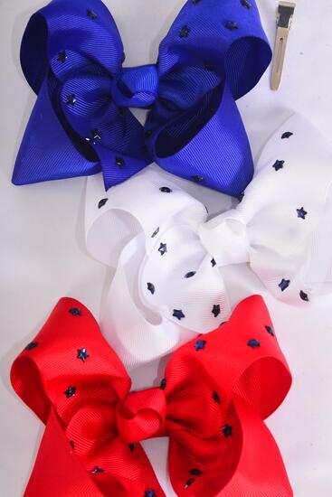 Hair Bow Jumbo Patriotic Studded Blue Stars Grosgrain Bow-tie / 12 pcs Bow = Dozen Alligator Clip , Size - 6" x 5" Wide , 4 of each Pattern Asst , Clip Strip & UPC Code