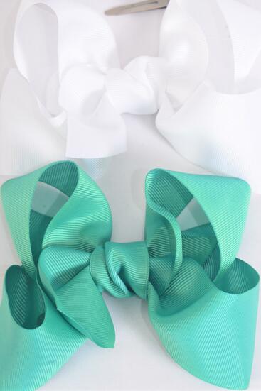 Hair Bow Jumbo Caribbean Green and White Mix Grosgrain Bow-tie / 12 pcs Bow = Dozen Alligator Clip , Size - 6" x 5" Wide , 6 of each Color Asst , Clip Strip & UPC Code